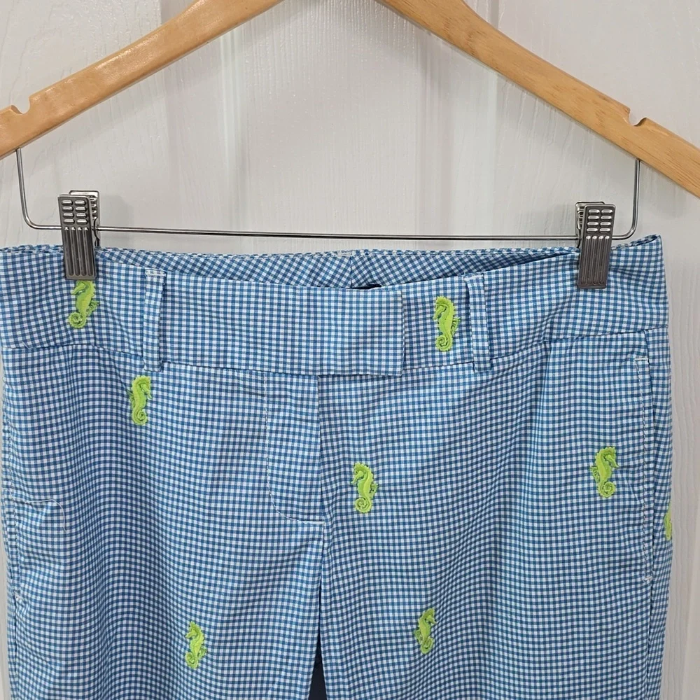 J. Crew Women's Blue Gingham Embroidered Seahorse Flare Stretch Pants Size 2
